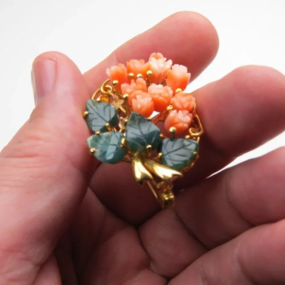18k Coral flowers &Jade Leaves Brooch